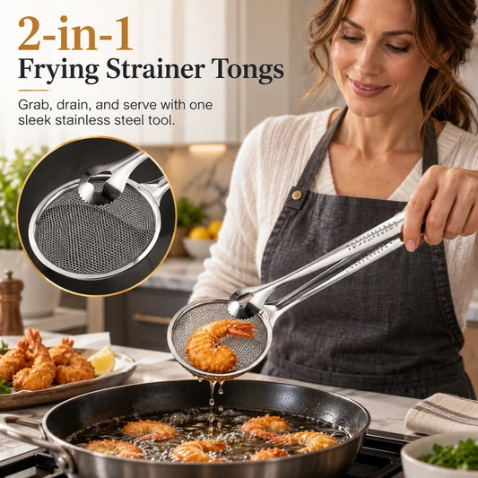2-in-1 Stainless Steel Strainer Tongs – Fine Mesh Skimmer Clip for Frying Hot Pot Noodles