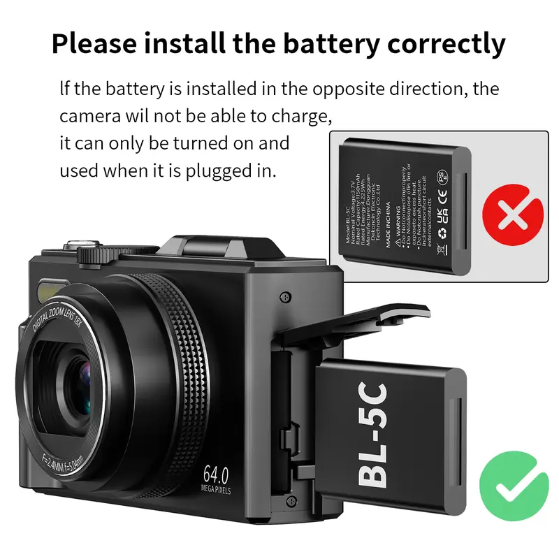 Point and Shoot Digital Camera 5K 64MP Flip Screen 18X Zoom 32GB Vlogging Camera