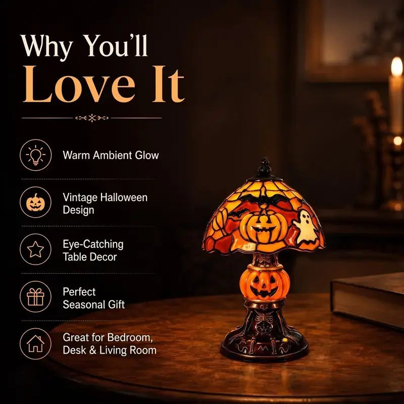 Halloween Retro Pumpkin Bat Desk Lamp – Vintage Glow Night Light