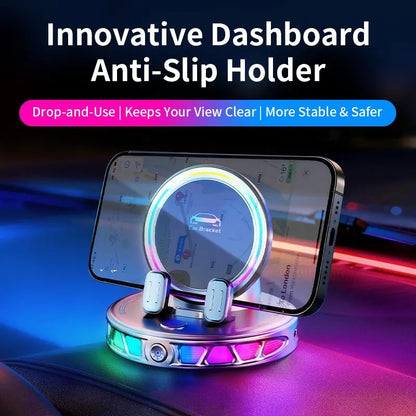 360° Rotating Wireless Charging Car Phone Mount RGB Light Ultra-Stable Suction Auto-Lock for iPhone & Android