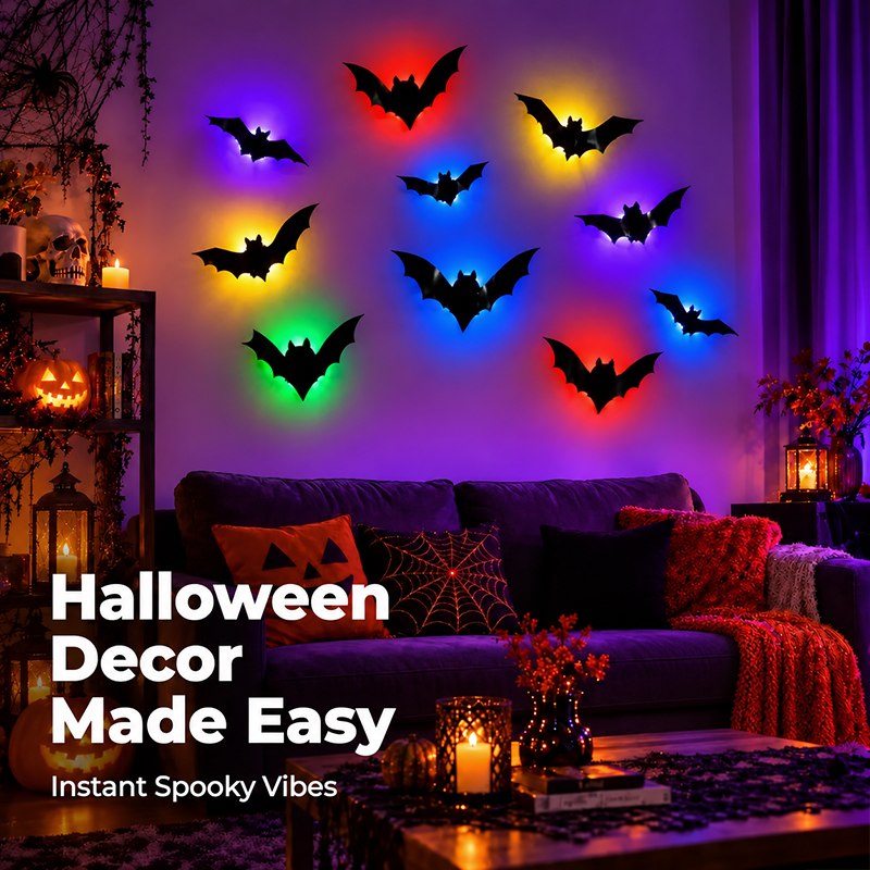 Halloween 3D LED Bat Lights 12-Piece Set – Spooky Bendable Wall Stickers
