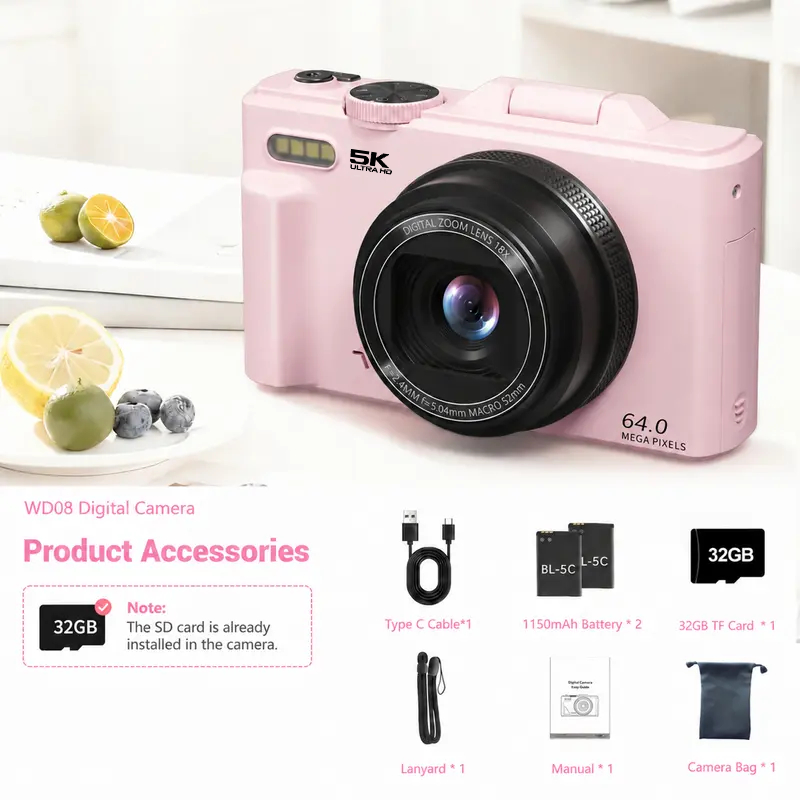 Point and Shoot Digital Camera 5K 64MP Flip Screen 18X Zoom 32GB Vlogging Camera