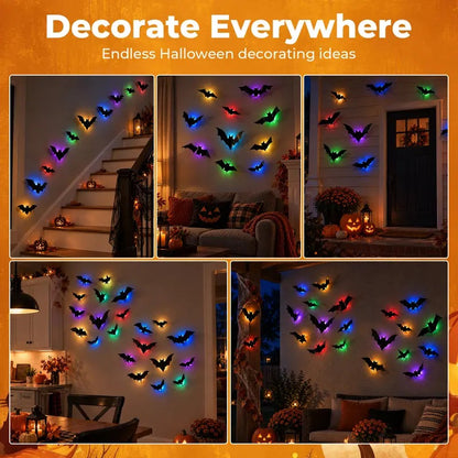 Halloween 3D LED Bat Lights 12-Piece Set – Spooky Bendable Wall Stickers