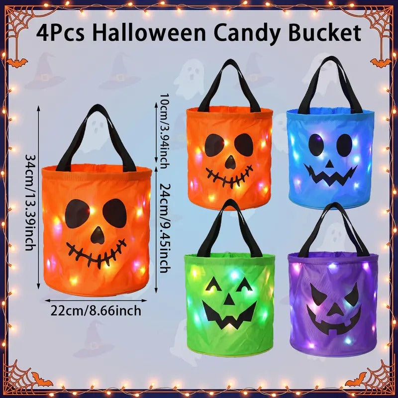 Halloween LED Candy Bucket & Reusable Pumpkin Tote Bags Non-Woven Trick or Treat Bags