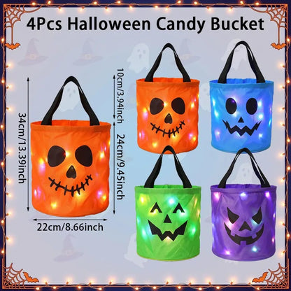 Halloween LED Candy Bucket & Reusable Pumpkin Tote Bags Non-Woven Trick or Treat Bags