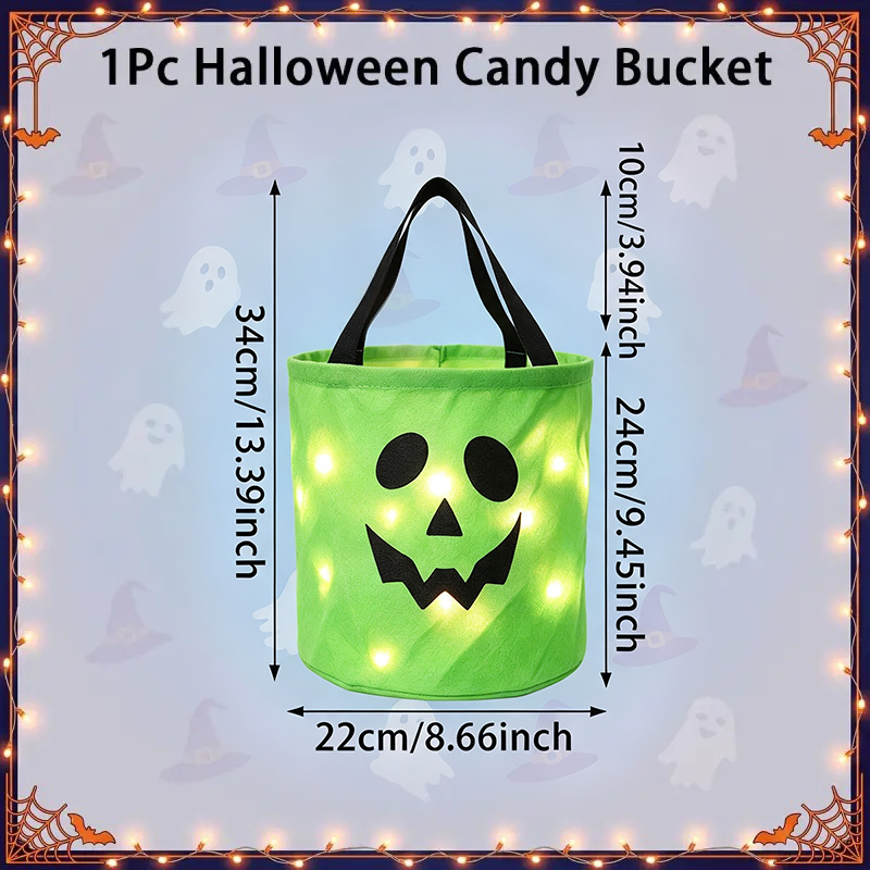 Halloween LED Candy Bucket & Reusable Pumpkin Tote Bags Non-Woven Trick or Treat Bags
