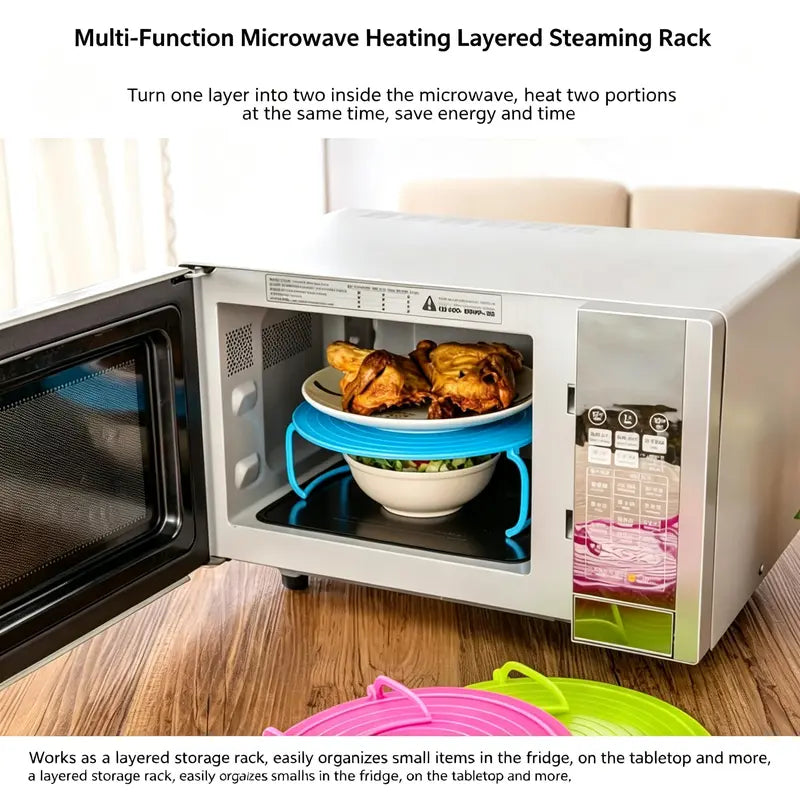 3 in 1 Microwave Plate Stacker Food Splatter Cover Carrying Tray with Foldable Handles