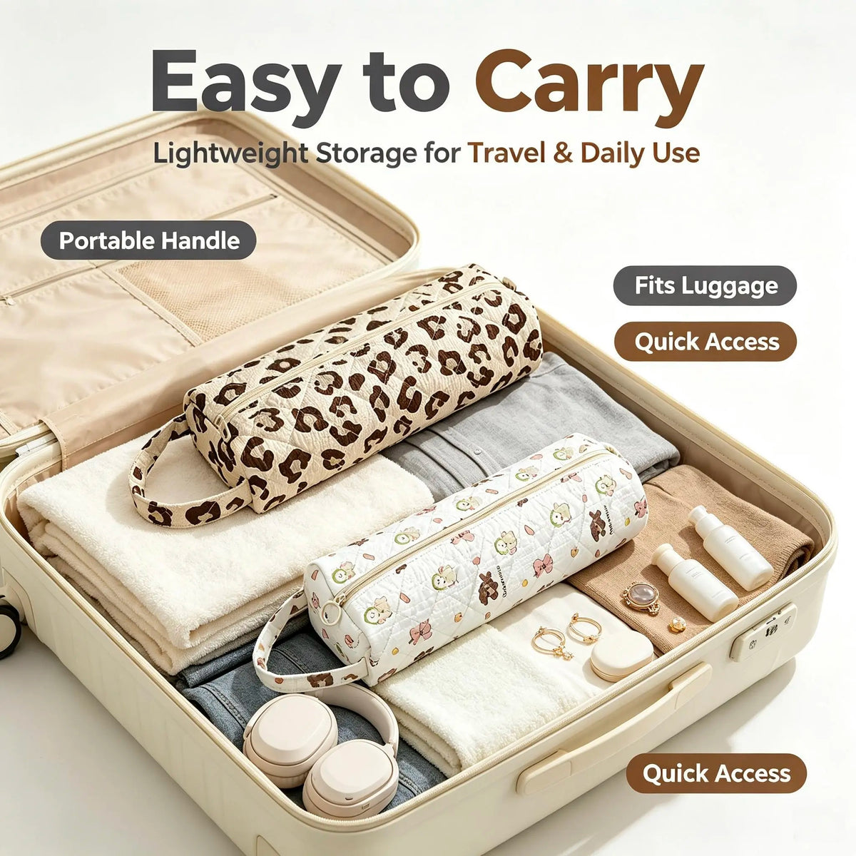 Quilted Multi-Purpose Makeup Pouch with Handle Large Capacity Travel Toiletry Organizer