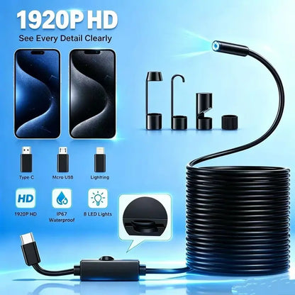 Endoscope Camera – 8 LED, 11.48ft Semi-Rigid Cable, IP67 Waterproof, Plug & Play for iPhone & Android