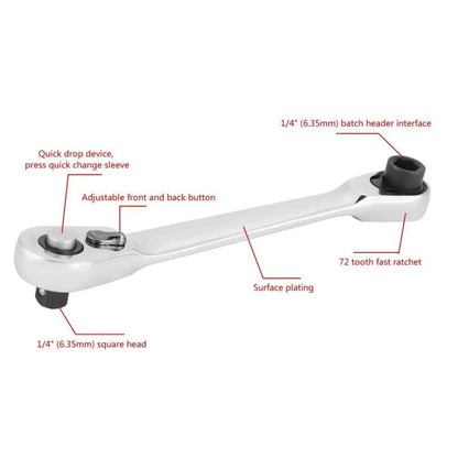 1/4 Inch Mini Double Headed Ratchet Wrench Silver 72-Tooth 5° Quick Release Drive Socket Tool