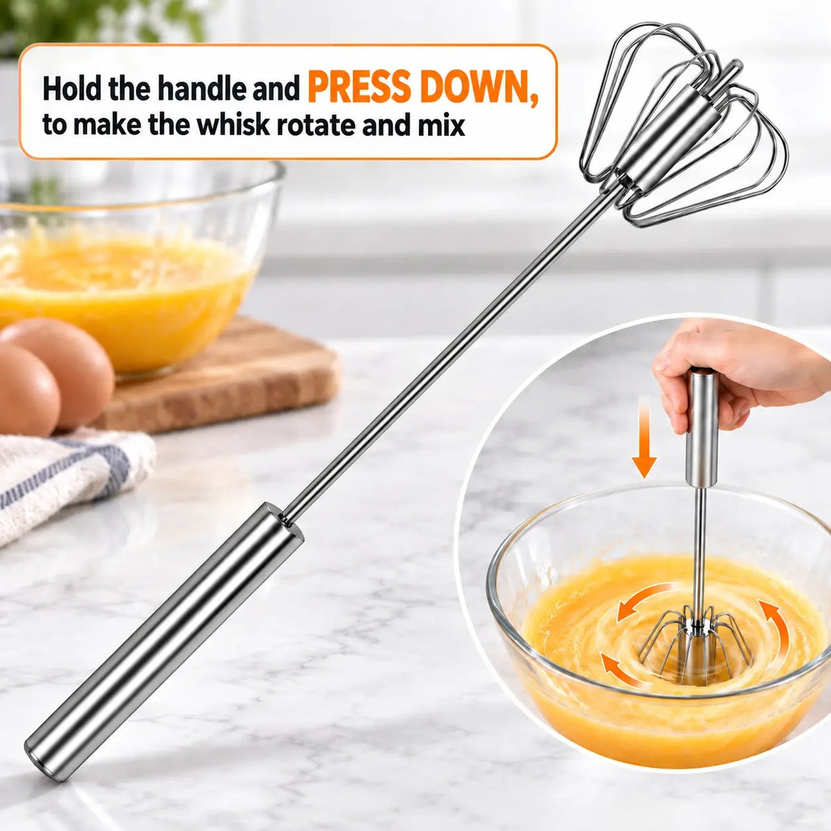 Stainless Steel Hand Push Spinning Wire Whisk Semi Automatic Easy Clean
