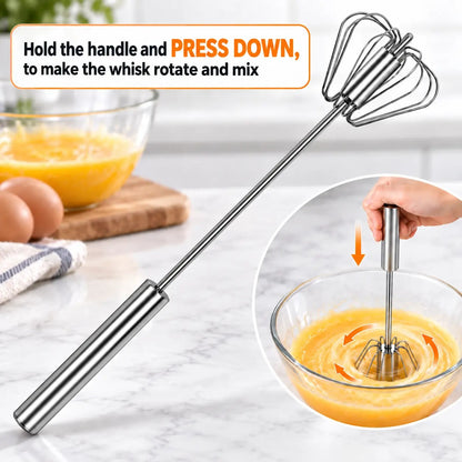 Stainless Steel Hand Push Spinning Wire Whisk Semi Automatic Easy Clean