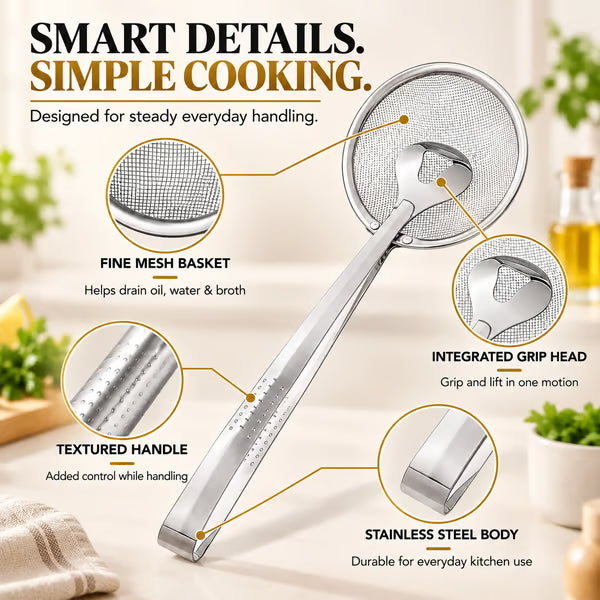 2-in-1 Stainless Steel Strainer Tongs – Fine Mesh Skimmer Clip for Frying Hot Pot Noodles
