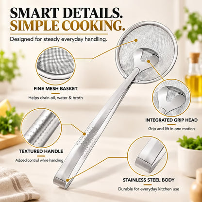 2-in-1 Stainless Steel Strainer Tongs – Fine Mesh Skimmer Clip for Frying Hot Pot Noodles