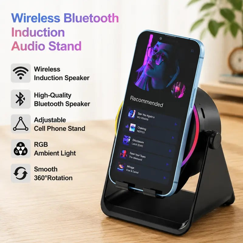 5-in-1 Wireless Bluetooth Speaker with 360° LED Stand & Universal Phone Holder