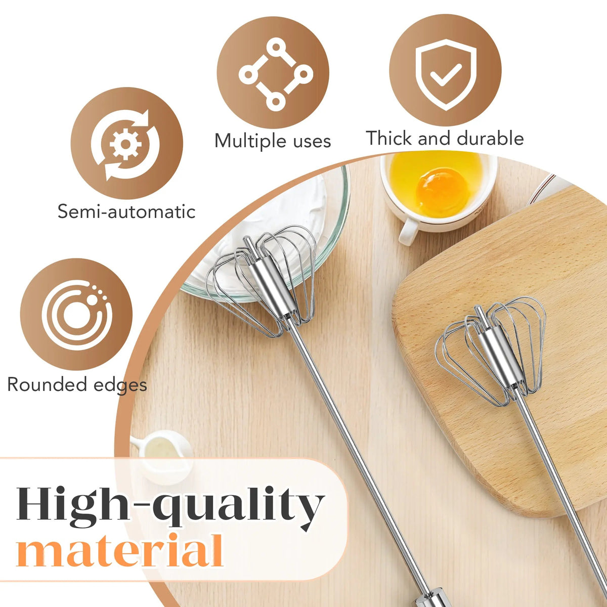 Stainless Steel Hand Push Spinning Wire Whisk Semi Automatic Easy Clean