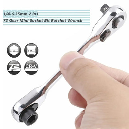 1/4 Inch Mini Double Headed Ratchet Wrench Silver 72-Tooth 5° Quick Release Drive Socket Tool