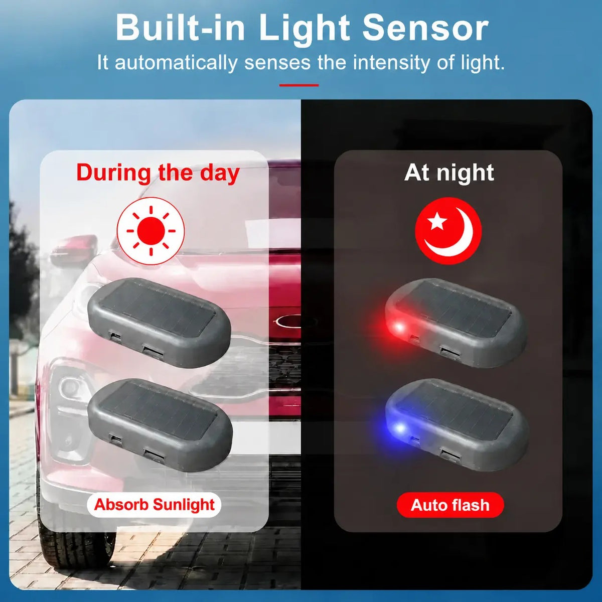Solar Powered Fake Car Alarm Light – Auto Sensor LED Flashing Security Lamp, No Wiring DIY Anti-Theft Dummy Light
