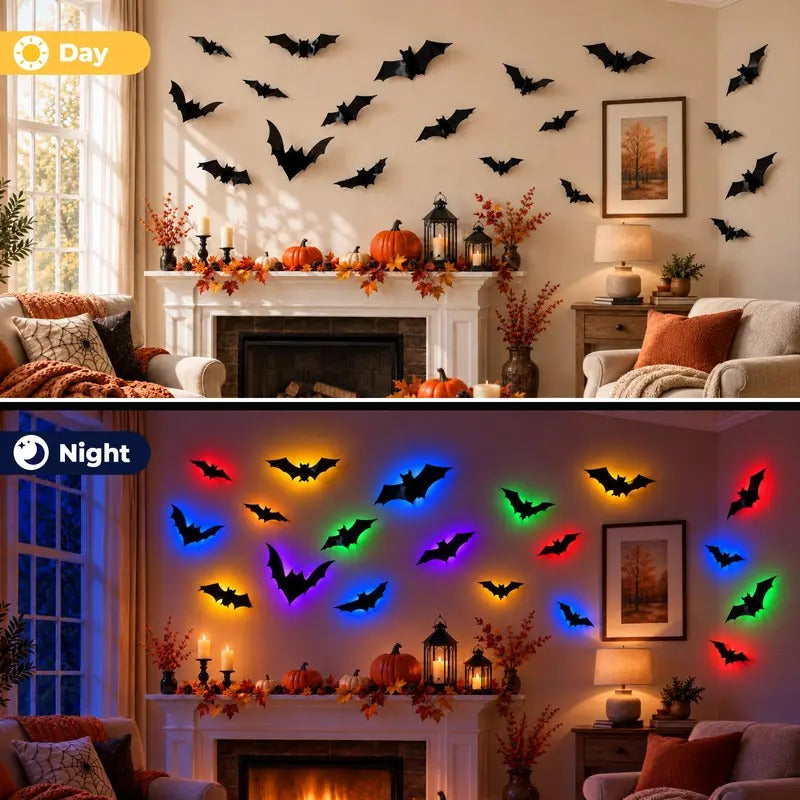 Halloween 3D LED Bat Lights 12-Piece Set – Spooky Bendable Wall Stickers