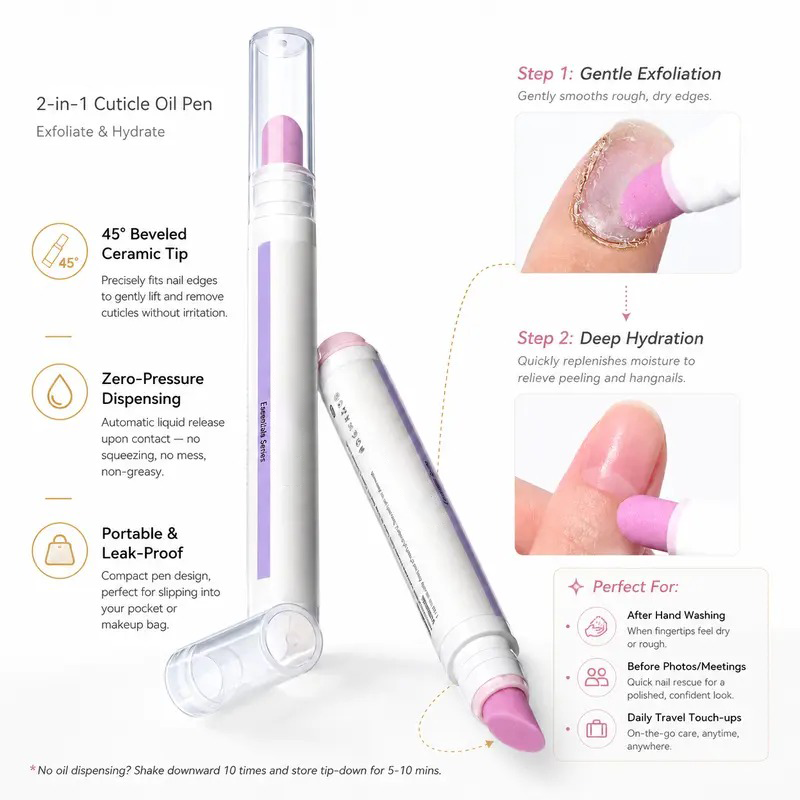 2 in 1 Cuticle Remover Pen 45 Degree Ceramic Tip for Dry Cuticles Hangnails Portable 2 Pack Travel