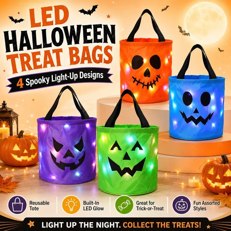 Halloween LED Candy Bucket & Reusable Pumpkin Tote Bags Non-Woven Trick or Treat Bags