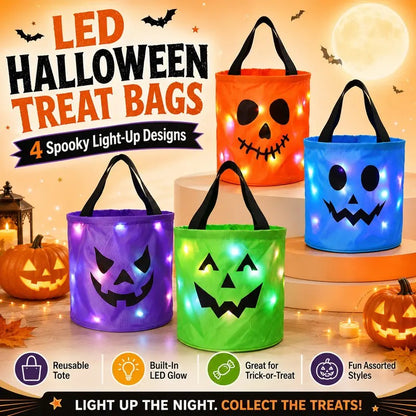 Halloween LED Candy Bucket & Reusable Pumpkin Tote Bags Non-Woven Trick or Treat Bags
