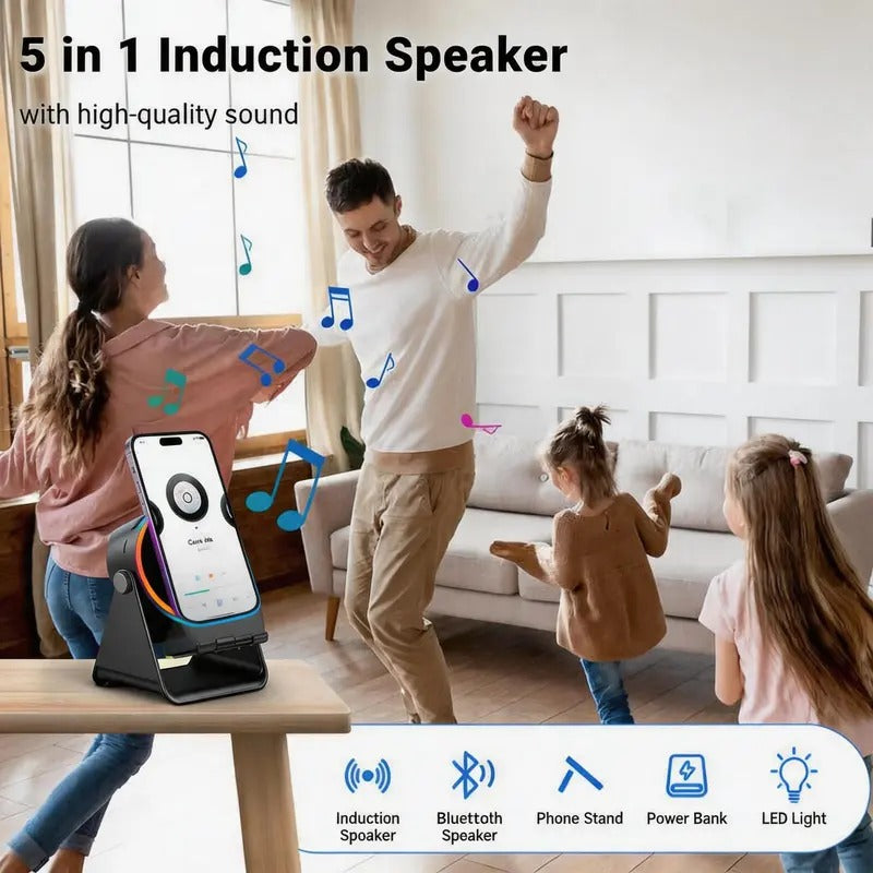 5-in-1 Wireless Bluetooth Speaker with 360° LED Stand & Universal Phone Holder