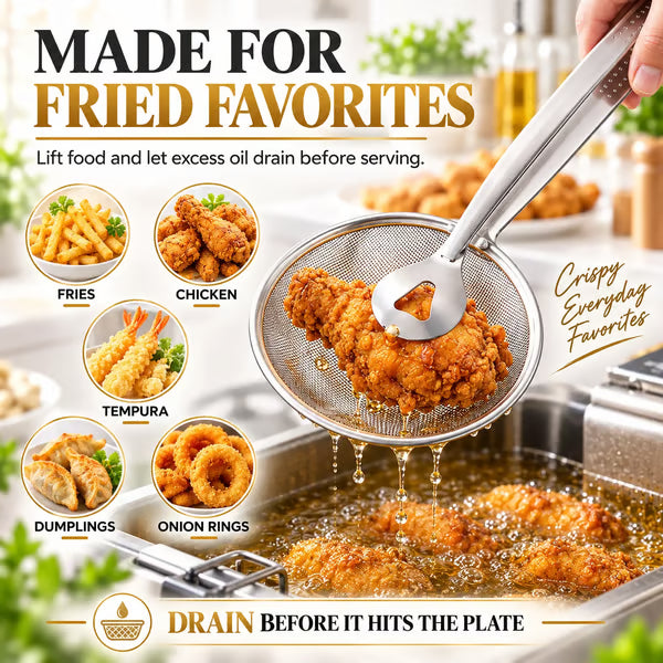 2-in-1 Stainless Steel Strainer Tongs – Fine Mesh Skimmer Clip for Frying Hot Pot Noodles