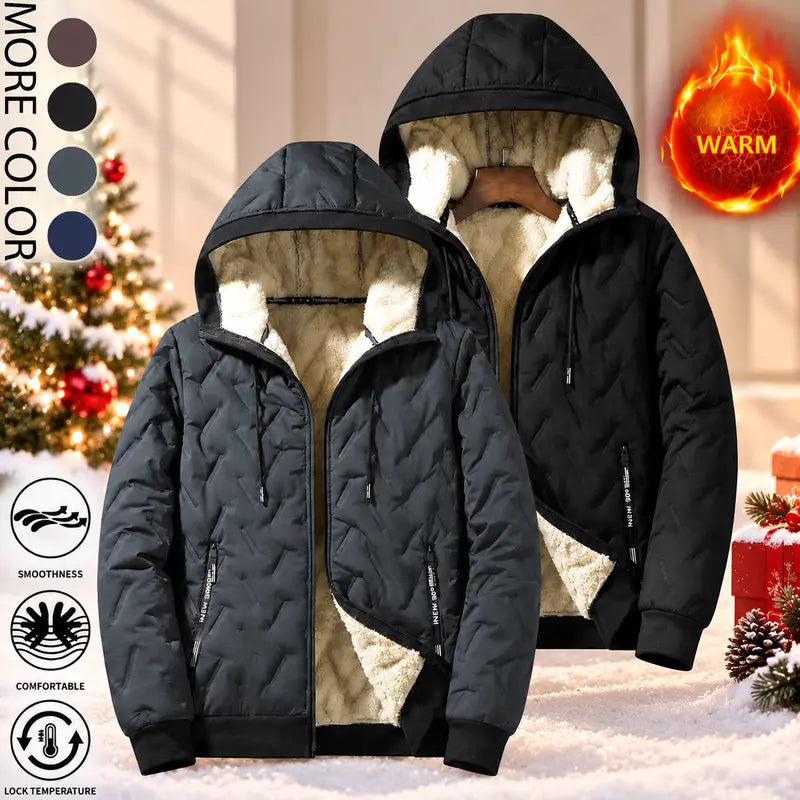 2026 Men's Hooded Velvet Jacket Fleece Lined Waterproof Windproof Solid Color Coat