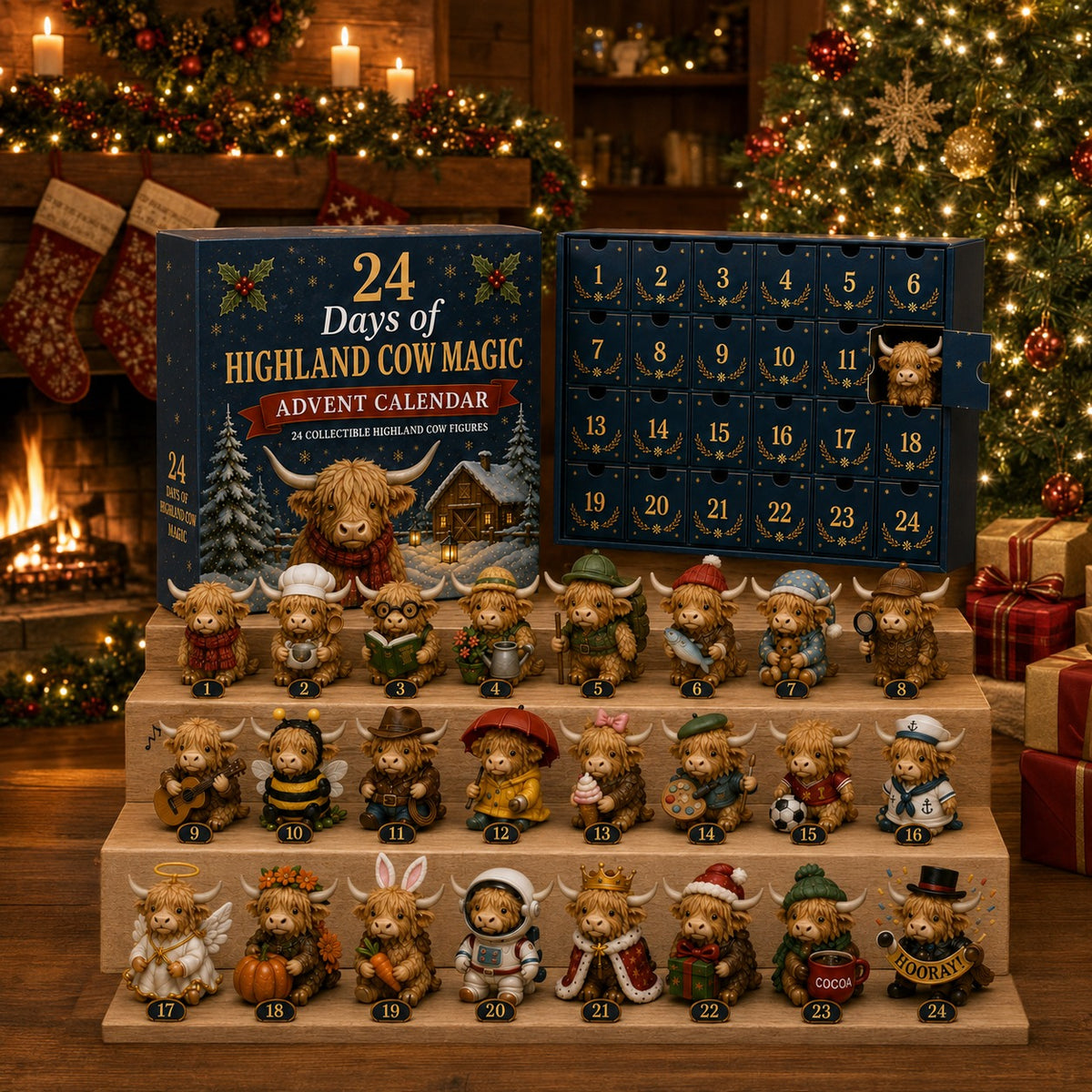 24 Day Highland Cow Advent Calendar Christmas Countdown Gift Box with Collectible Mini Figurines for Kids