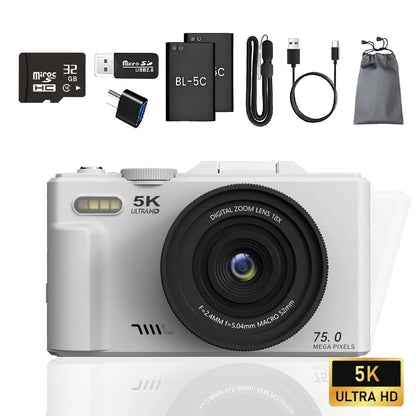 Point and Shoot Digital Camera 5K 64MP Flip Screen 18X Zoom 32GB Vlogging Camera