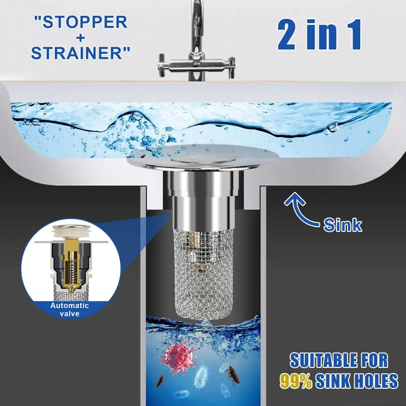 Sink Drain Filter Stainless Steel Removable Basket Pop Up Drain Plug