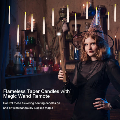 Christmas & Halloween Flameless LED Floating Candles – Magic Wand Remote & 12 Hooks