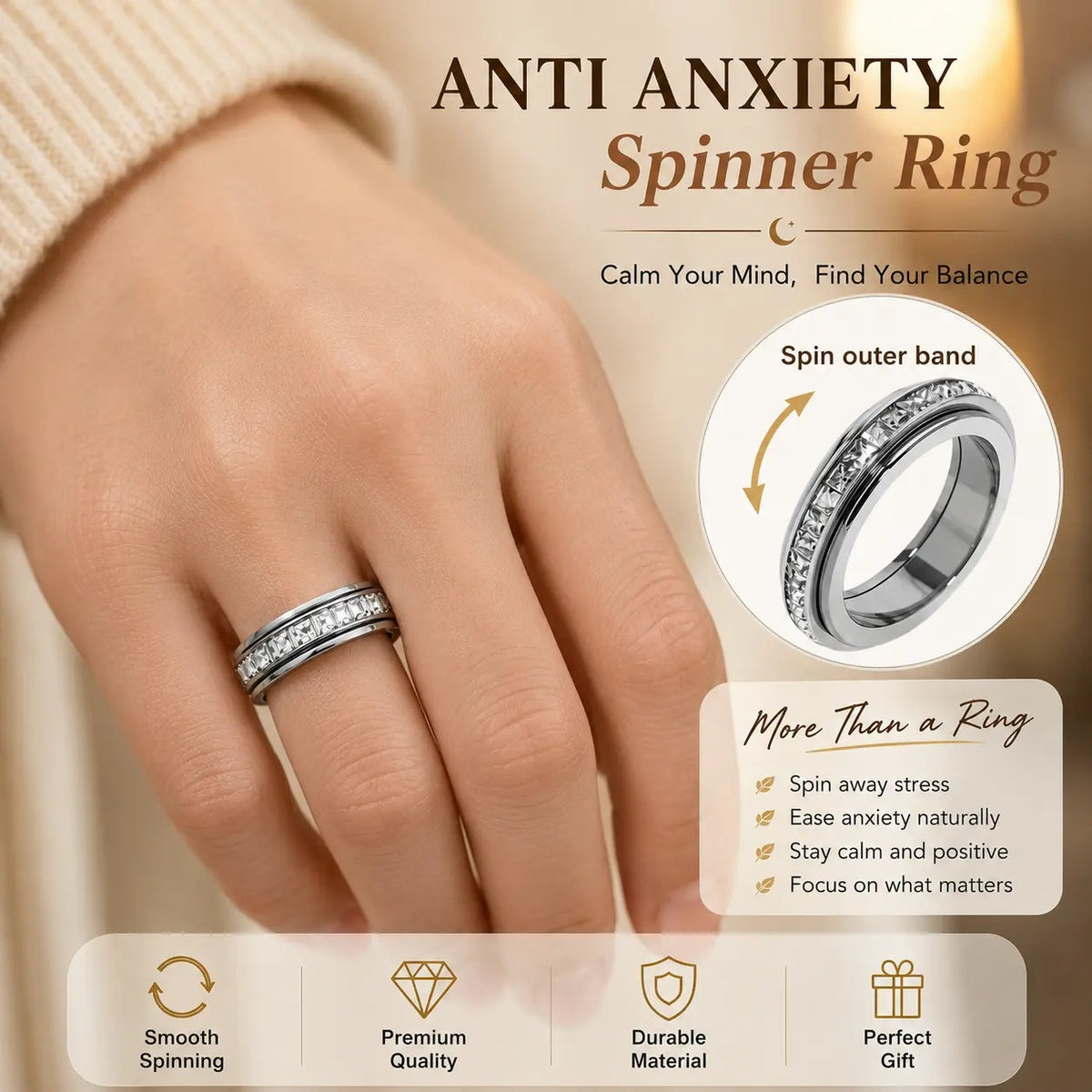 Titanium Steel Spinner Fidget Ring With Cubic Zirconia For Stress Relief & Wedding Promise Comfort Fit Size 5 To 12