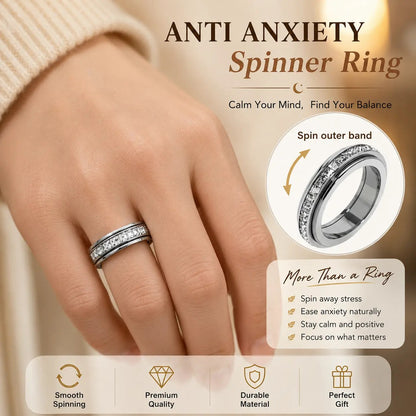 Titanium Steel Spinner Fidget Ring With Cubic Zirconia For Stress Relief & Wedding Promise Comfort Fit Size 5 To 12