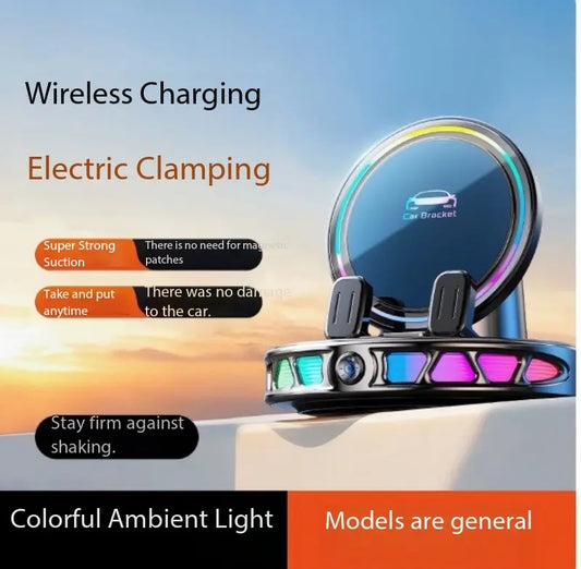 360° Rotating Wireless Charging Car Phone Mount RGB Light Ultra-Stable Suction Auto-Lock for iPhone & Android