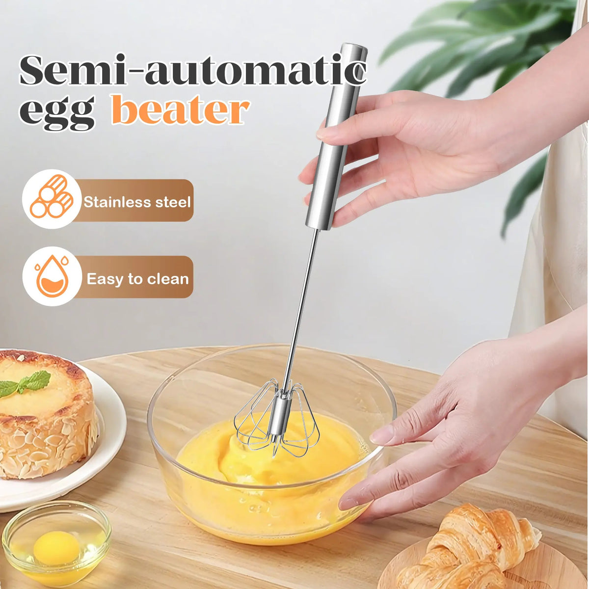 Stainless Steel Hand Push Spinning Wire Whisk Semi Automatic Easy Clean