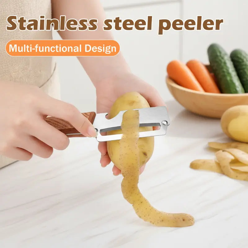 Stainless Steel Sharp Peeler Wooden Handle Built In Bottle Opener