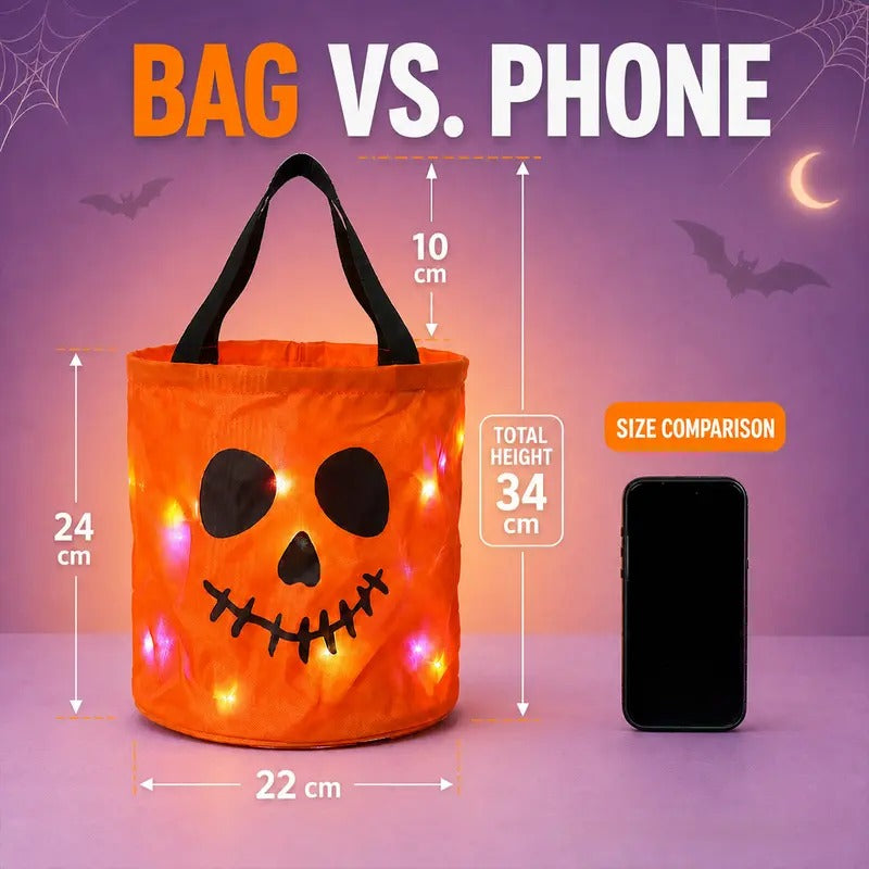 Halloween LED Candy Bucket & Reusable Pumpkin Tote Bags Non-Woven Trick or Treat Bags