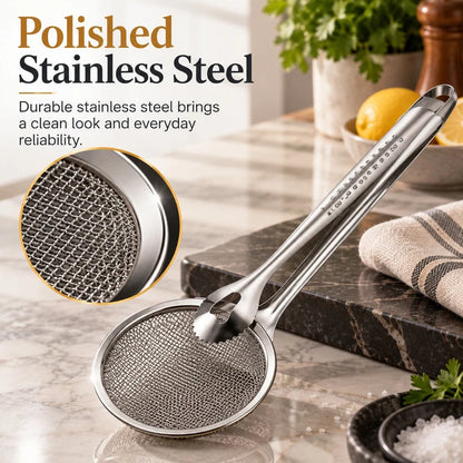 2-in-1 Stainless Steel Strainer Tongs – Fine Mesh Skimmer Clip for Frying Hot Pot Noodles