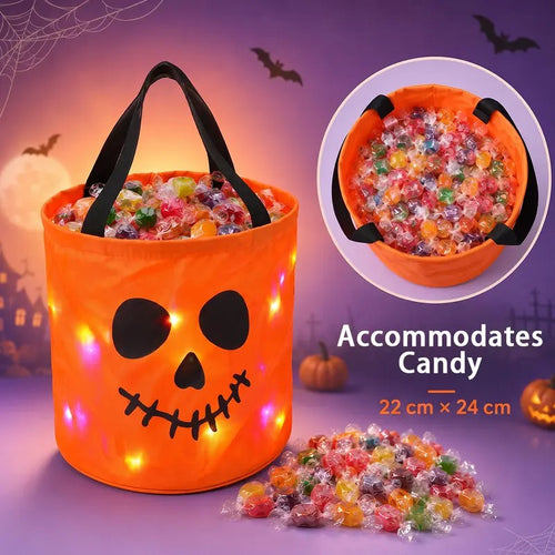 Halloween LED Candy Bucket & Reusable Pumpkin Tote Bags Non-Woven Trick or Treat Bags
