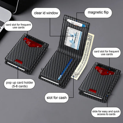Men's RFID Minimalist Bifold Wallet With Pop Up Card Holder Money Clip & ID Window