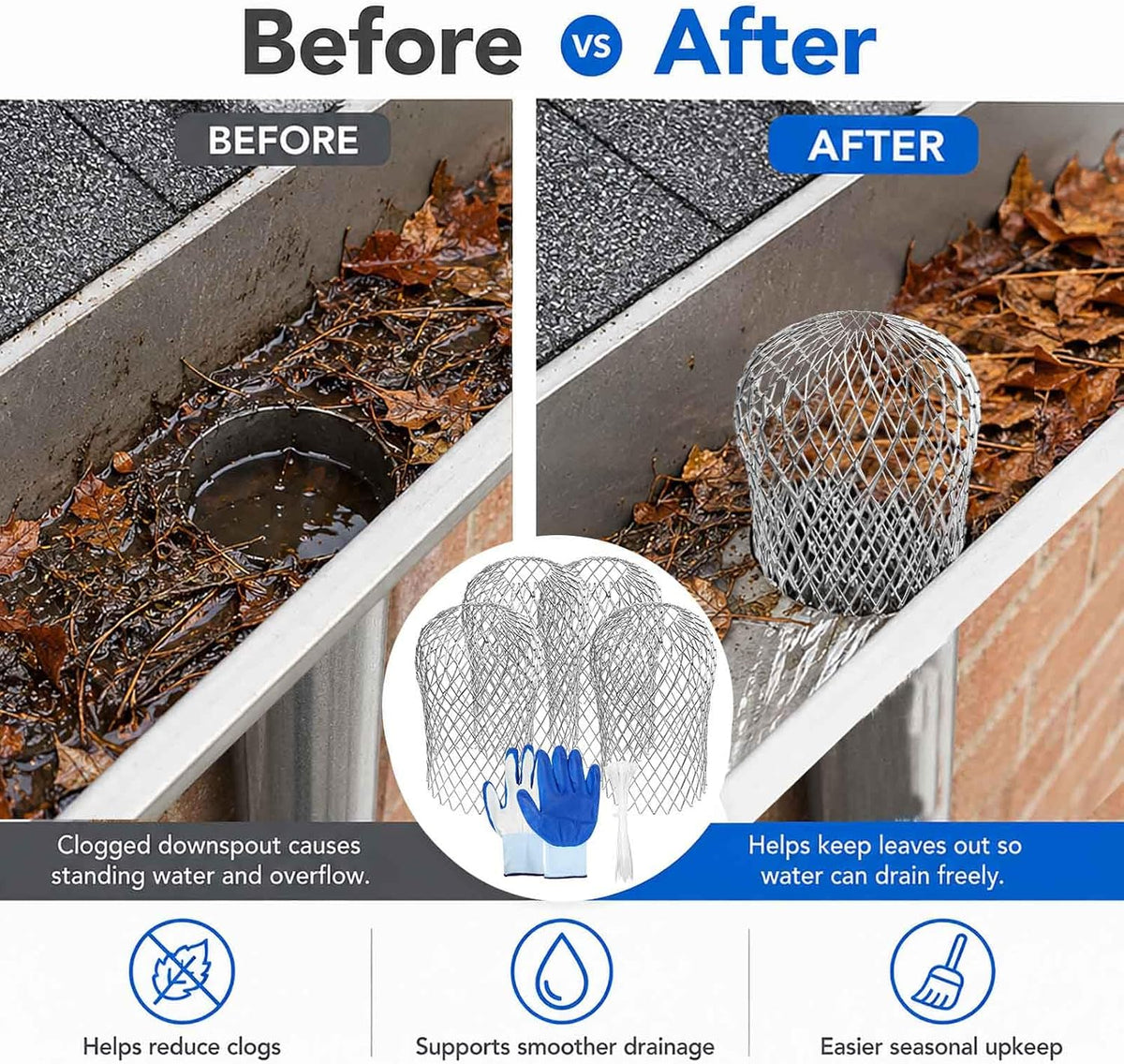 Aluminum Alloy Gutter Guard 2 PCS Downspout Strainer Anti Clog Leaf Catcher Home Drainage