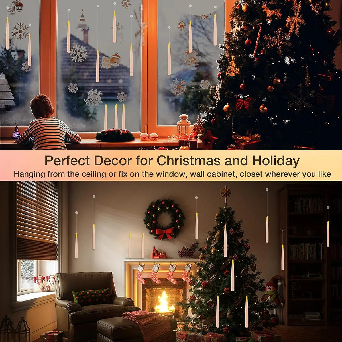Christmas & Halloween Flameless LED Floating Candles – Magic Wand Remote & 12 Hooks