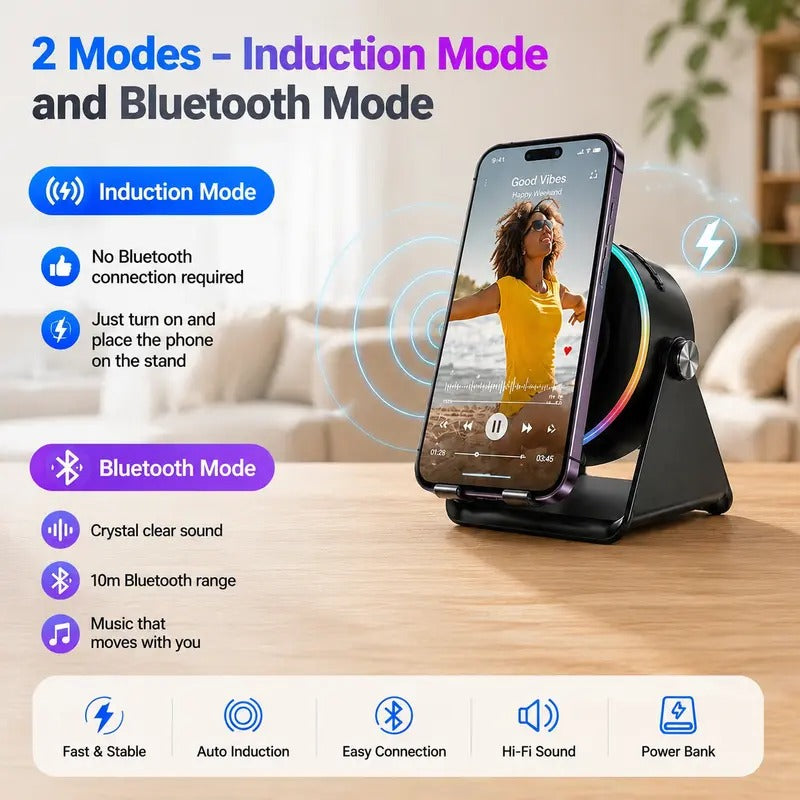 5-in-1 Wireless Bluetooth Speaker with 360° LED Stand & Universal Phone Holder
