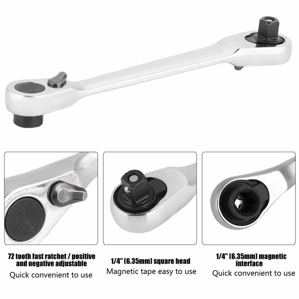 1/4 Inch Mini Double Headed Ratchet Wrench Silver 72-Tooth 5° Quick Release Drive Socket Tool