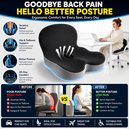 Ergonomic Memory Foam Seat Cushion with Contoured Lumbar Support & Pressure Relief