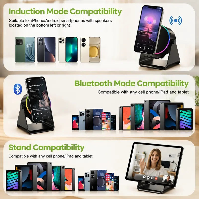5-in-1 Wireless Bluetooth Speaker with 360° LED Stand & Universal Phone Holder