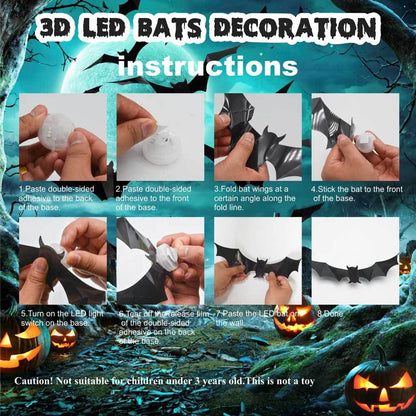 Halloween 3D LED Bat Lights 12-Piece Set – Spooky Bendable Wall Stickers