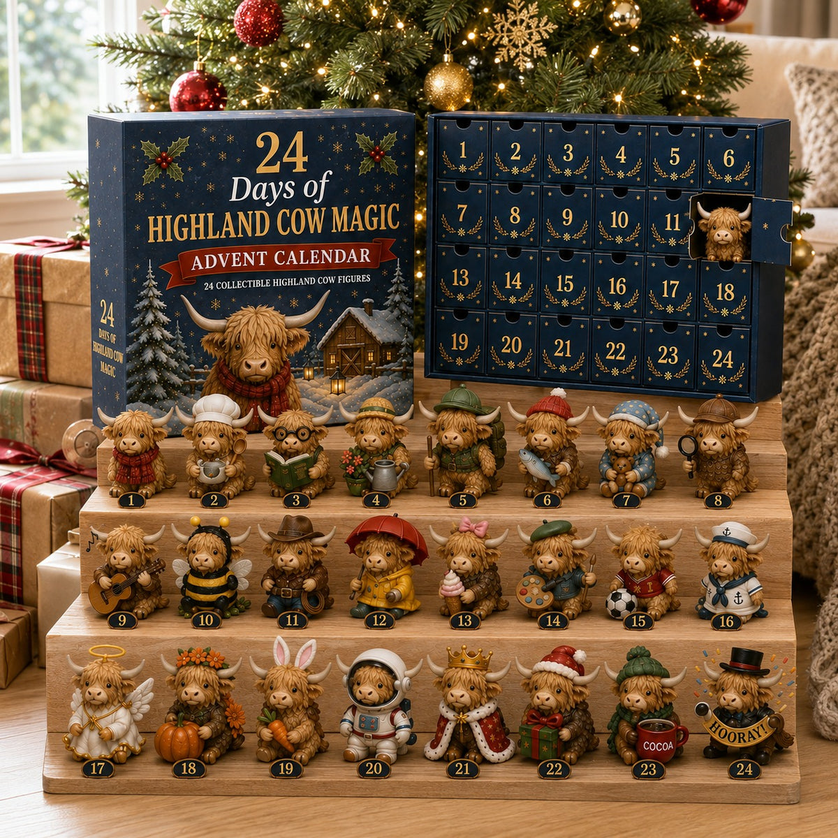 24 Day Highland Cow Advent Calendar Christmas Countdown Gift Box with Collectible Mini Figurines for Kids